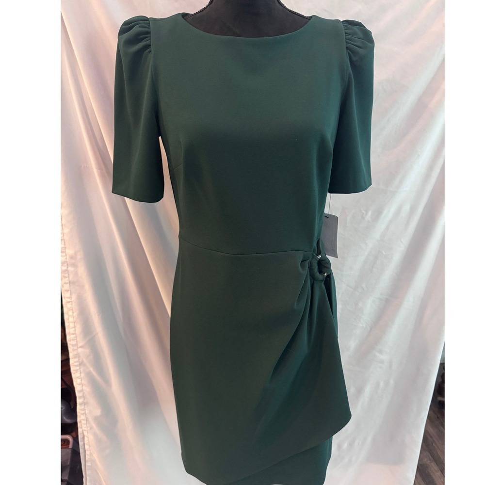 DKNY Womens Forest Green Puff Sleeve Faux Wrap‎ Sheath Dress Size 6 NWT